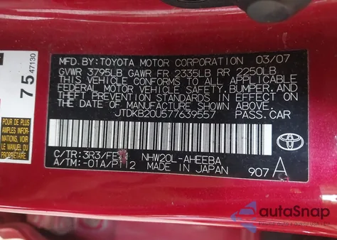 2007 Toyota Prius z USA, uszkodzony, nr VIN JTDKB20U577639557